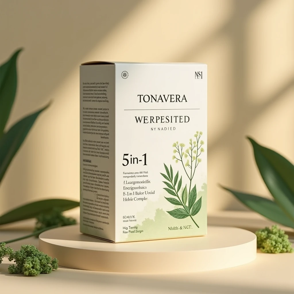Tonavera product packaging showing 5-in-1 herbal complex